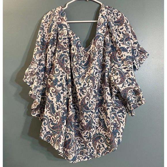 Terra & Sky Tops - Terra & Sky Paisley‎ Ruffle Sleeve Top Womens 4x White Blue Cotton Boho Hippie